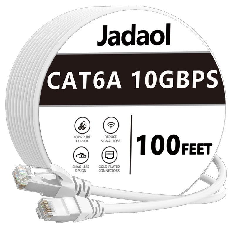 Jadaol كابل إيثرنت Cat6a بطول 100 قدم، دائري نحيف 28AWG، سرعة 10Gbps وعرض نطاق 550MHz عالي السرعة، كابل LAN نحاسي نقي RJ45، داخلي مرن بدون تشابك، لجهاز التوجيه، المودم، المحول، الألعاب، أبيض - Image 1